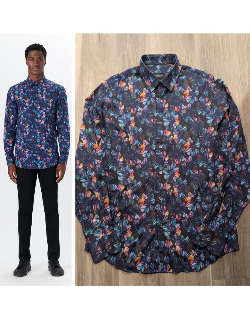 Bugatchi | Julian Floral Print Comfort Stretch Button Down Shirt In Midnight